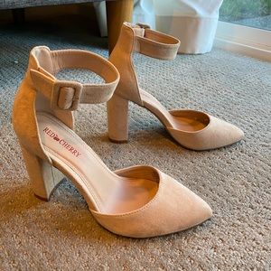 Nude Suede Ankle Strap Heels
